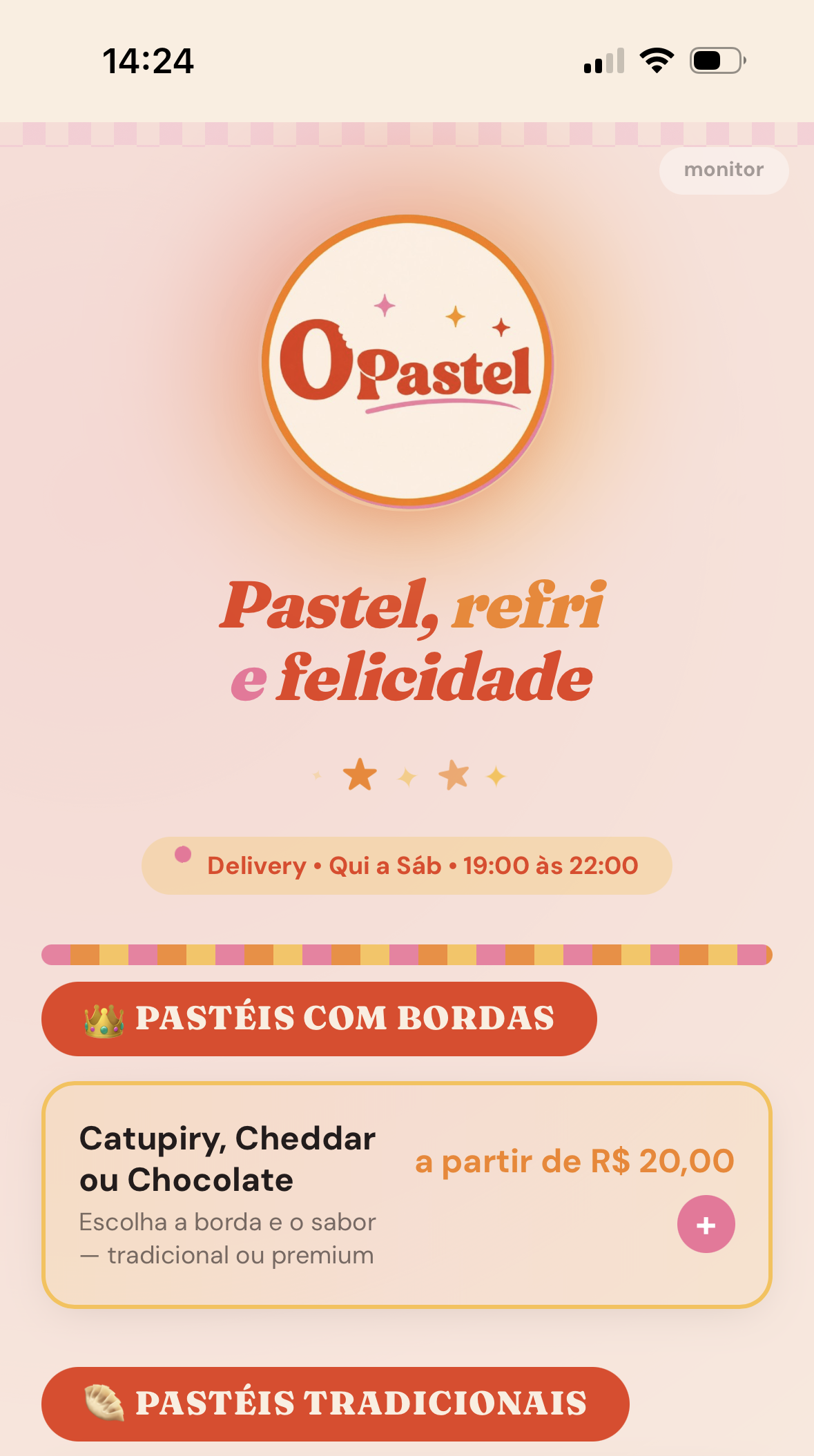 Tela do cardápio do O Pastel